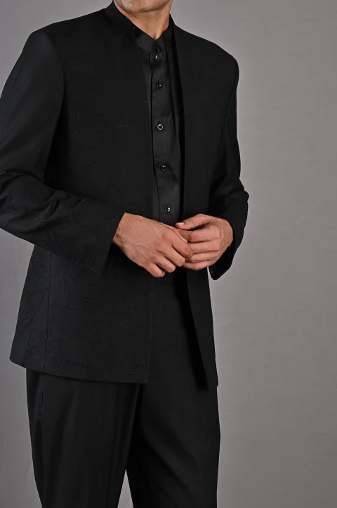 Pierre - Black Abstract Embroidered Open Jacket Set - Image 4