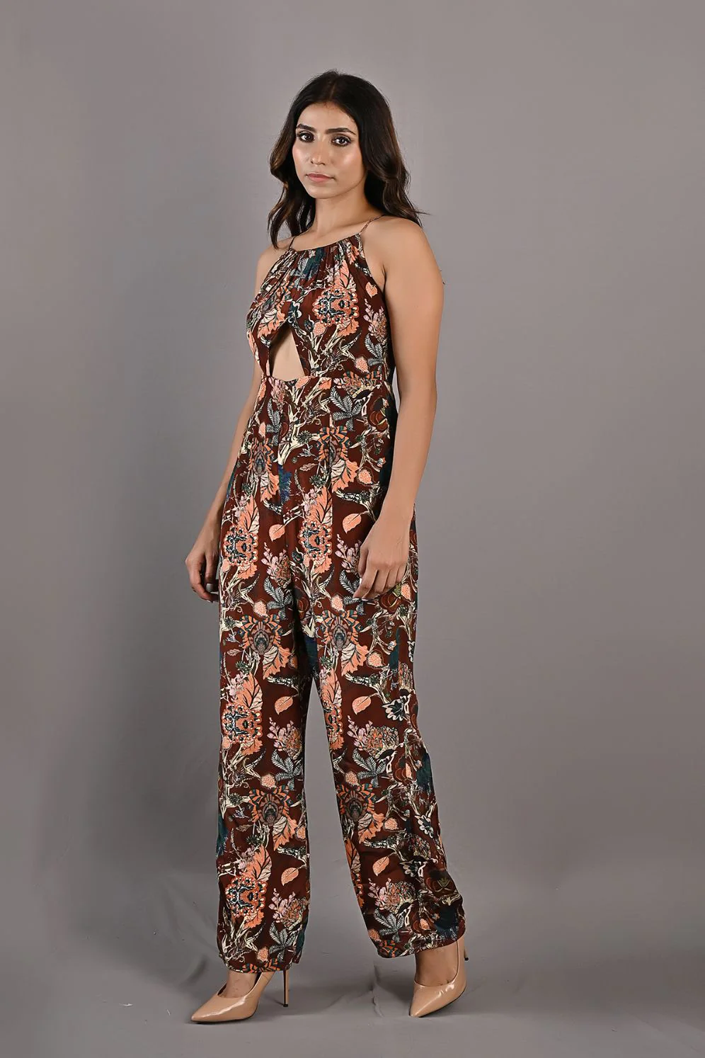 PRIMROSE- MAROON & MULTI PRINTED JUMPSUIT WITH FRONT SLIT AND HALTER NECK - Image 3