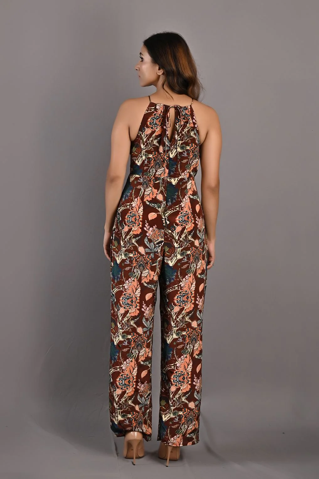 PRIMROSE- MAROON & MULTI PRINTED JUMPSUIT WITH FRONT SLIT AND HALTER NECK - Image 4