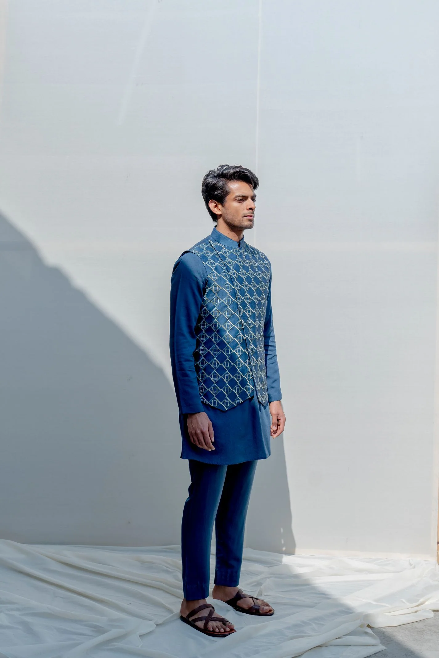 Prisem- Turquoise Blue Overlapped Embroidered Jacket with Kurta Set - Image 3