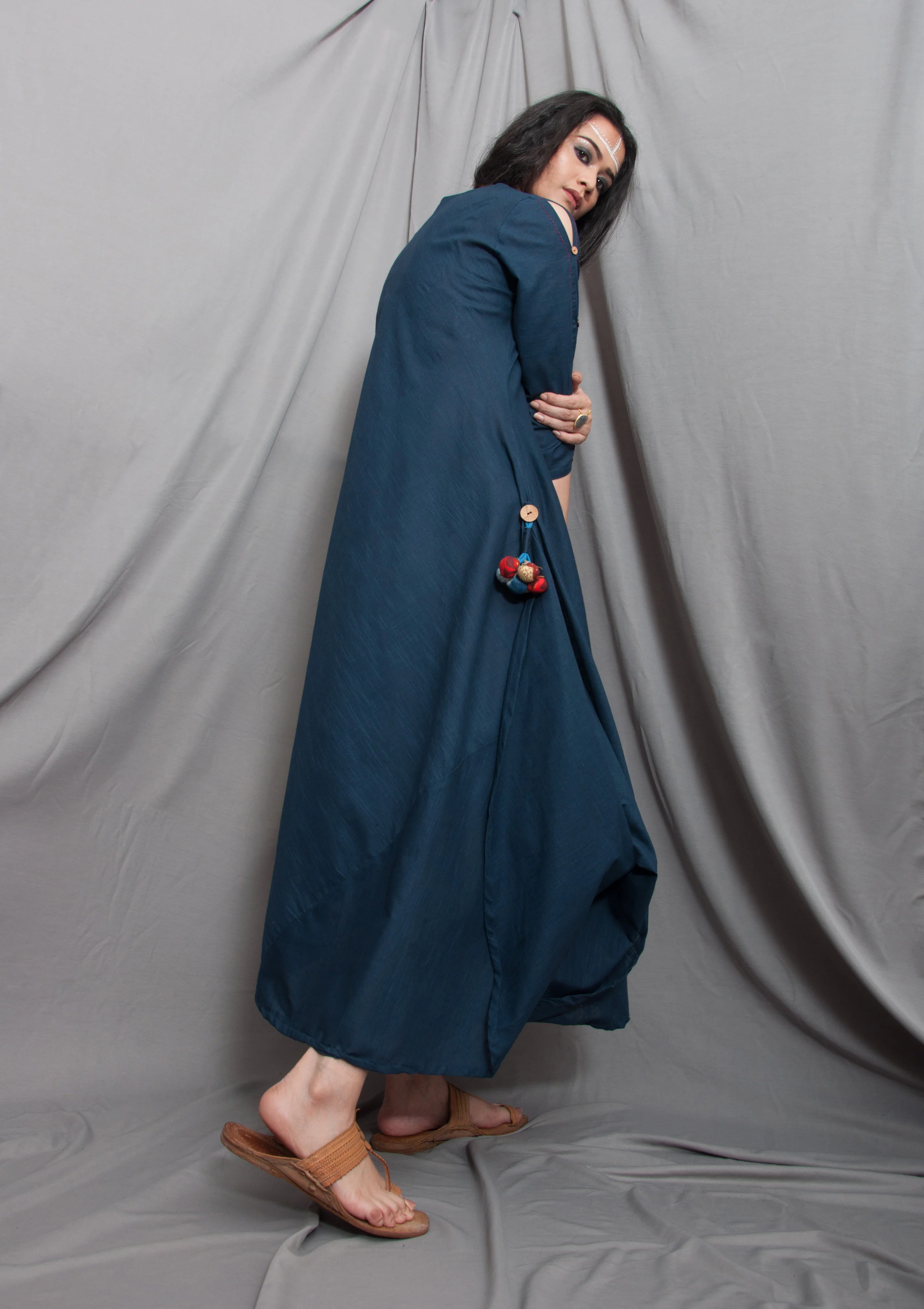 Rainbow - Navy Blue Cowl Dress with Necklace - Image 3