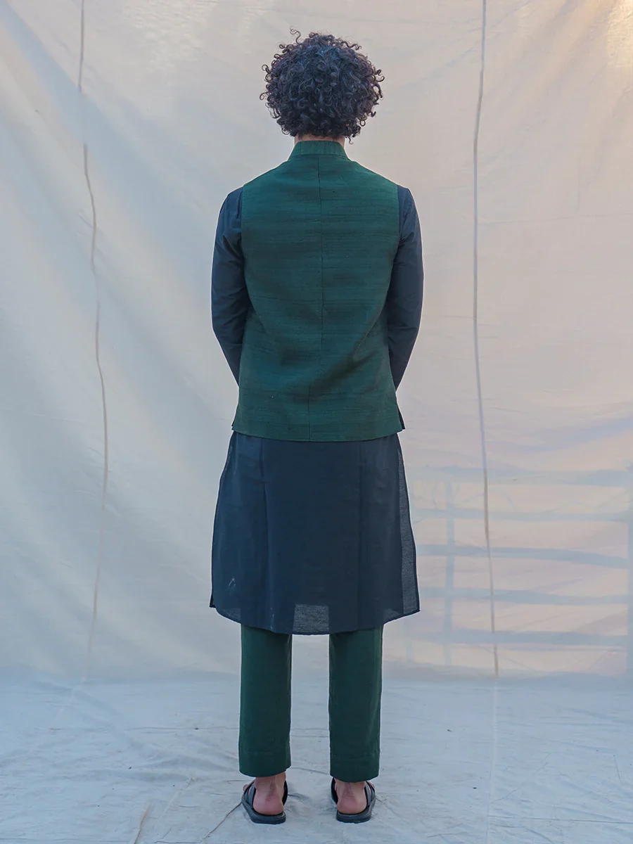 RAW SILK GREEN WAIST COAT, KURTA AND PANT SET - Image 2