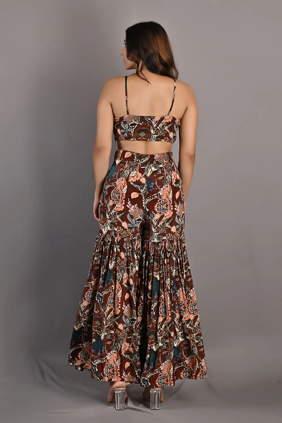 Rayen- Maroon & Multi Printed Embroidered Crop Top with Cape and Sharara Set - Image 6