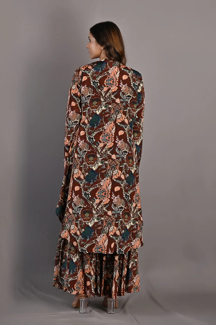 Rayen- Maroon & Multi Printed Embroidered Crop Top with Cape and Sharara Set - Image 7