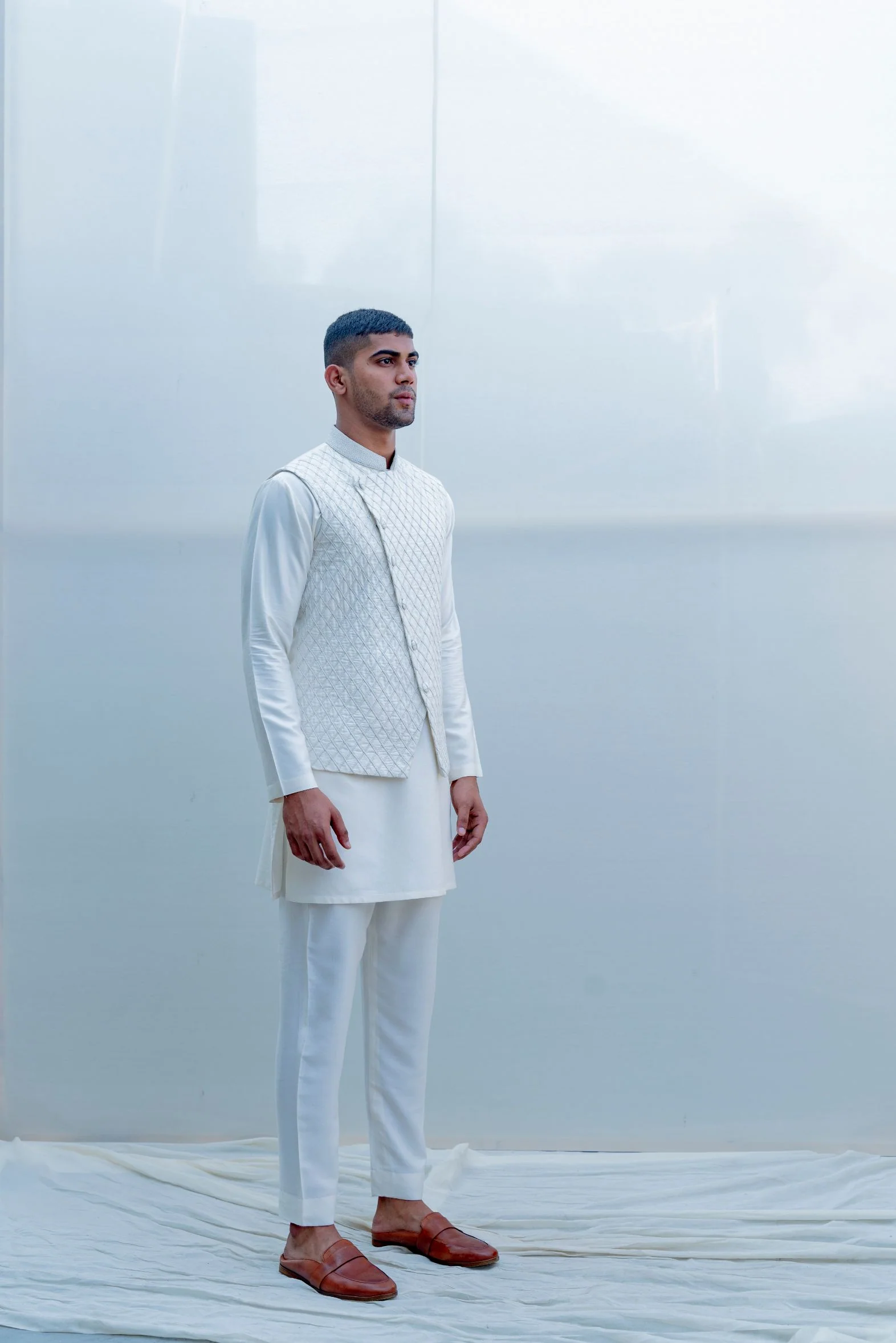Romani - Milky White Embroidered Nehru Jacket with Kurta Set - Image 3