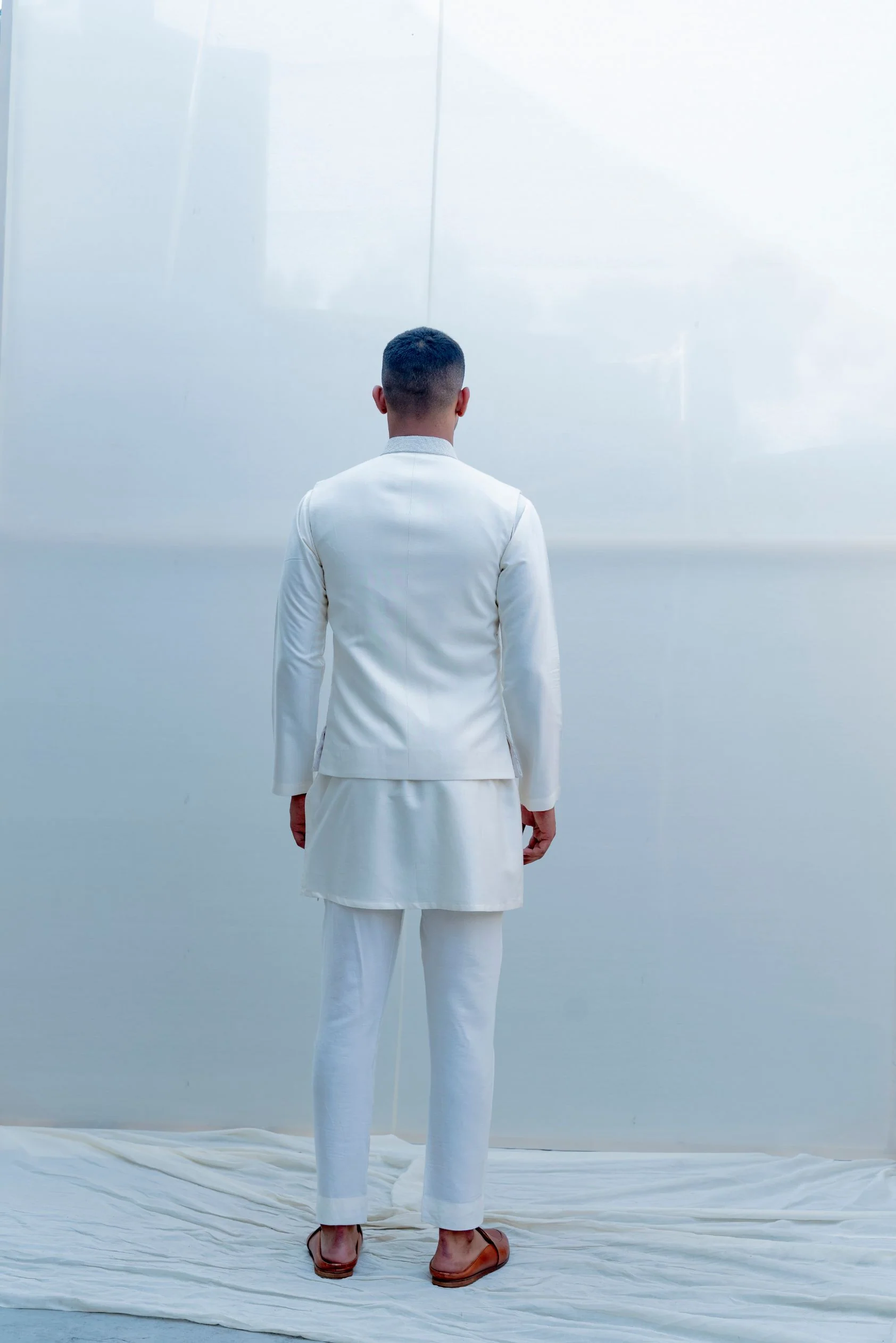 Romani - Milky White Embroidered Nehru Jacket with Kurta Set - Image 4