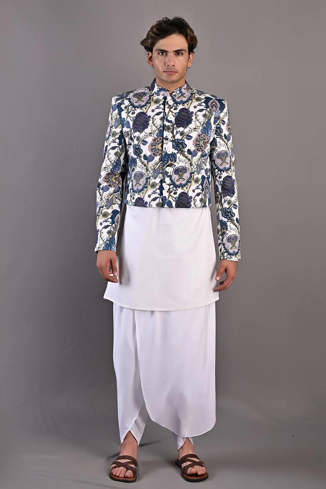 Roosevelt - Multi Blue Printed Short Jacket With Off White Kurta & Tulip Pant Set