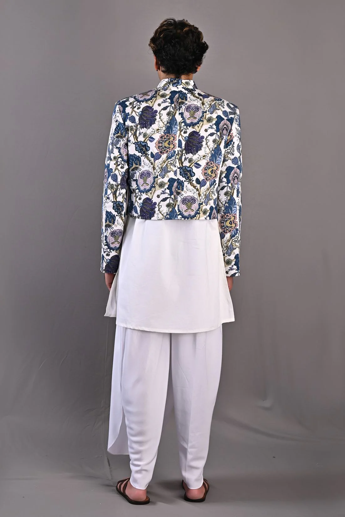 Roosevelt - Multi Blue Printed Short Jacket With Off White Kurta & Tulip Pant Set - Image 2