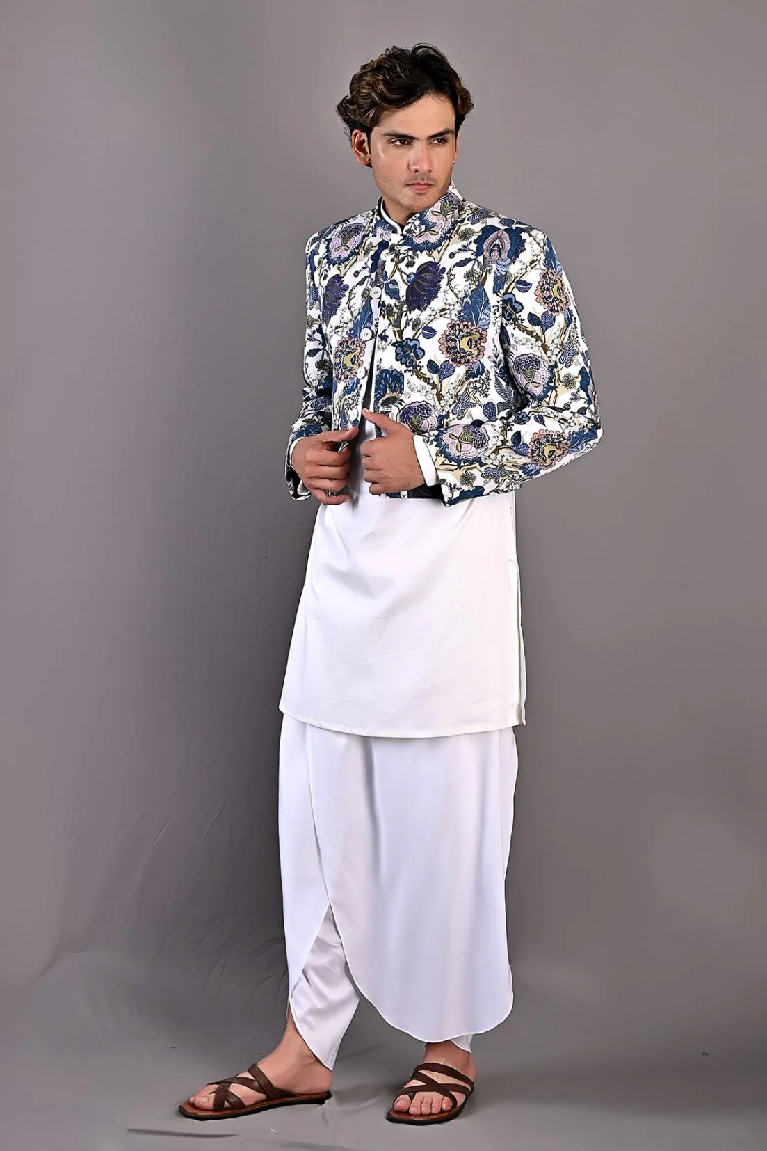 Roosevelt - Multi Blue Printed Short Jacket With Off White Kurta & Tulip Pant Set - Image 3