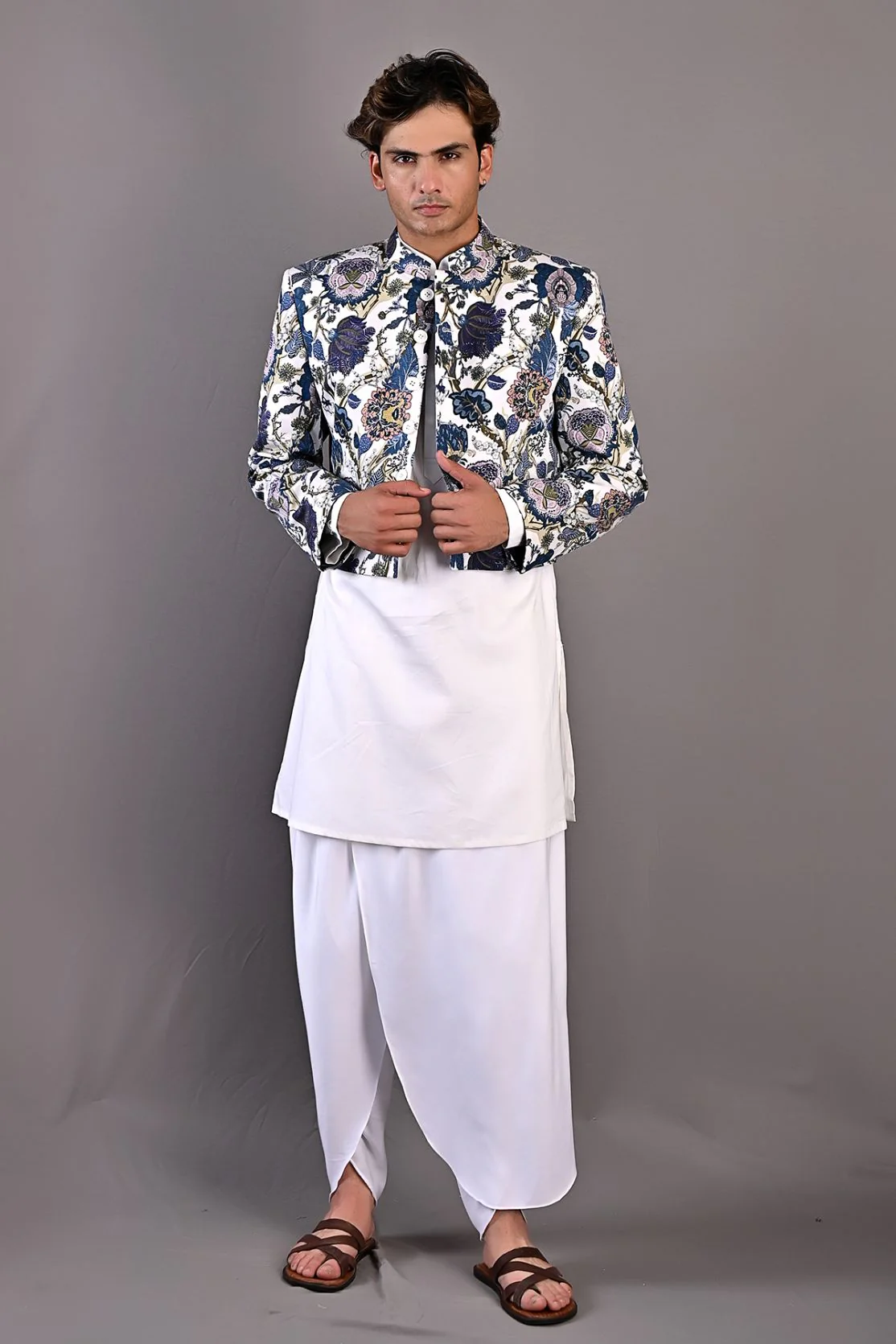 Roosevelt - Multi Blue Printed Short Jacket With Off White Kurta & Tulip Pant Set - Image 4