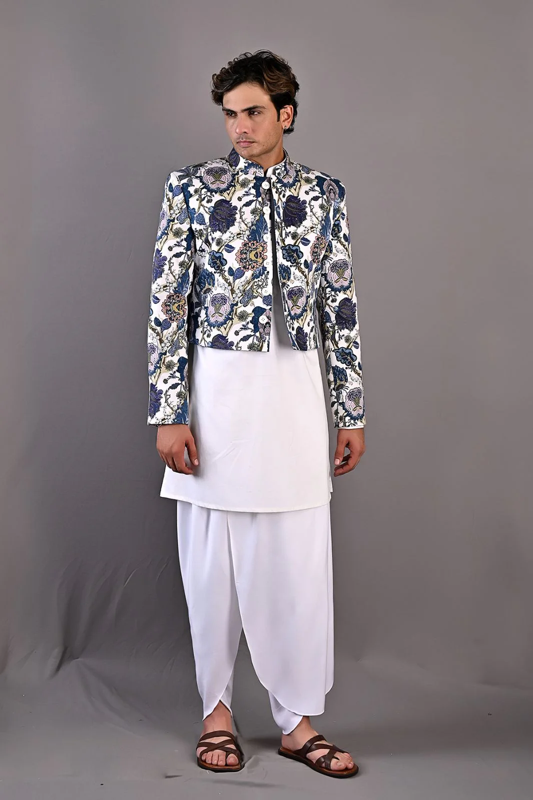Roosevelt - Multi Blue Printed Short Jacket With Off White Kurta & Tulip Pant Set - Image 5