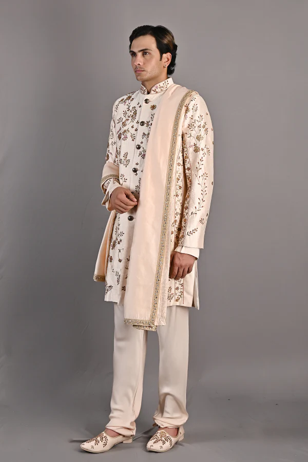 Rosen - Peach Hand Embroidered Sherwani Jacket set - Image 3