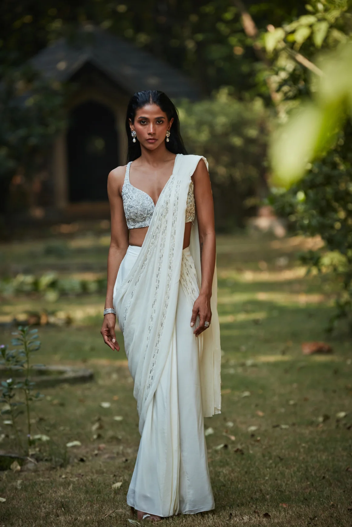 Saida Draped Saree in Off-White - Image 4