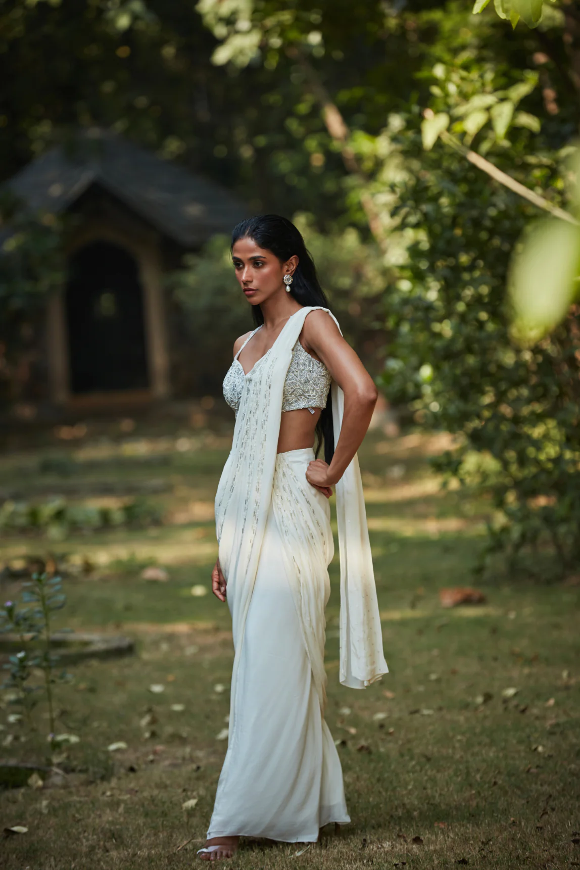 Saida Draped Saree in Off-White - Image 5