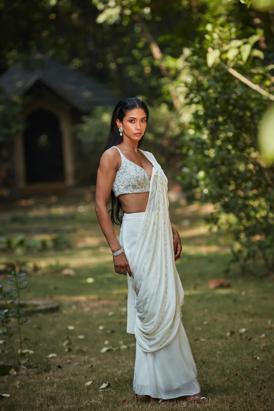 Saida Draped Saree in Off-White - Image 6
