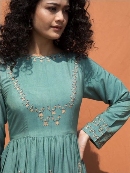 Teal Blue Block Printed Floor Length Dress - Image 3