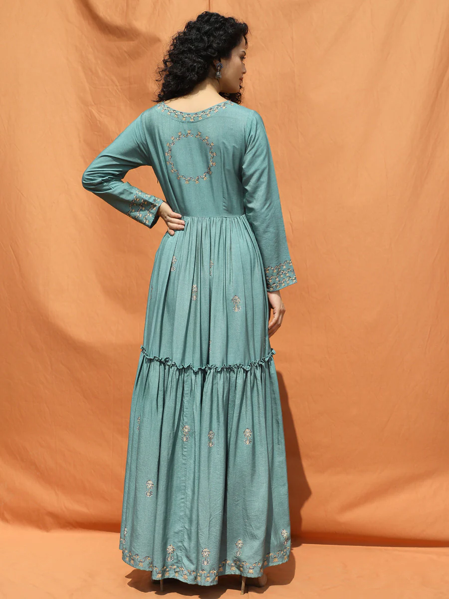 Teal Blue Block Printed Floor Length Dress - Image 4