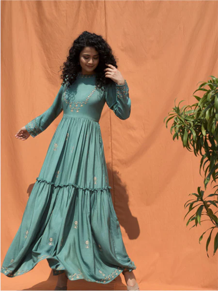 Teal Blue Block Printed Floor Length Dress - Image 5