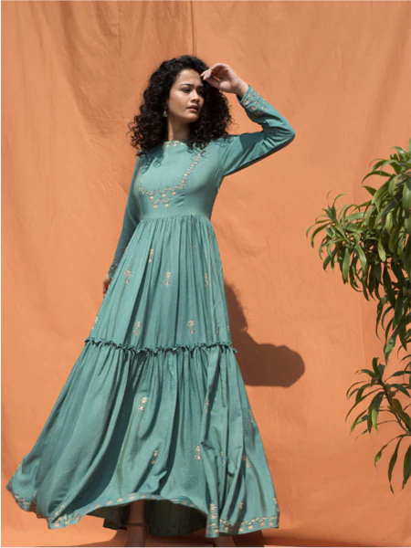 Teal Blue Block Printed Floor Length Dress - Image 6