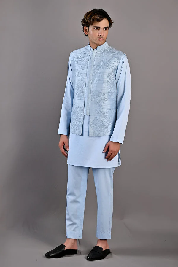 TERENCE - LIGHT BLUE ABSTRACT EMBROIDERED NEHRU JACKET WITH KURTA SET - Image 3
