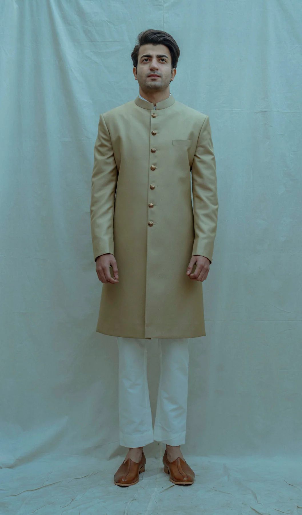 TEXTURED BEIZE BANDHGALA ACHKAN SET