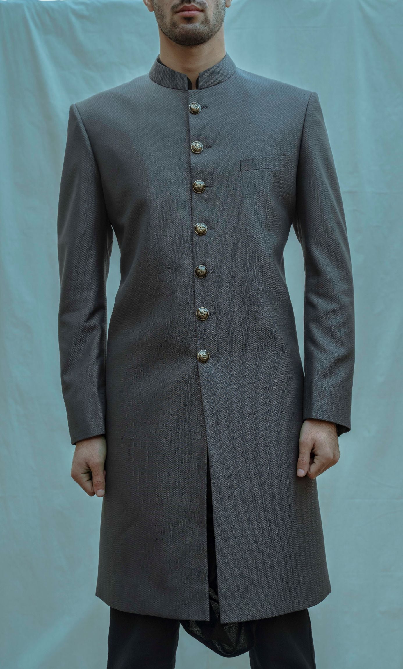 Textured Grey Achkan with Cowl Kurta Set - Image 3