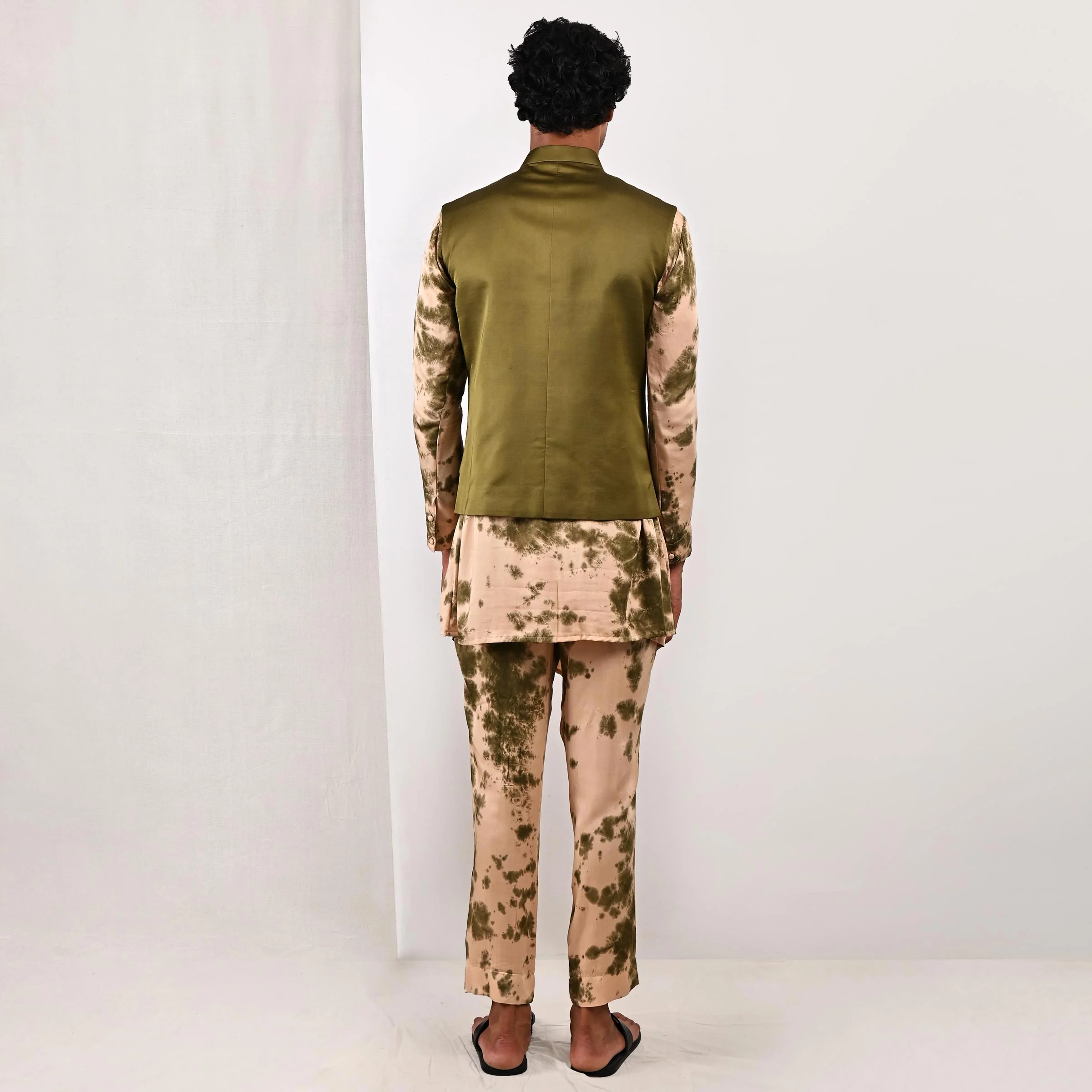 Trevor - Green Asymmetrical Pleated Jacket with Tie & Dye Pleated Kurta Set - Image 5