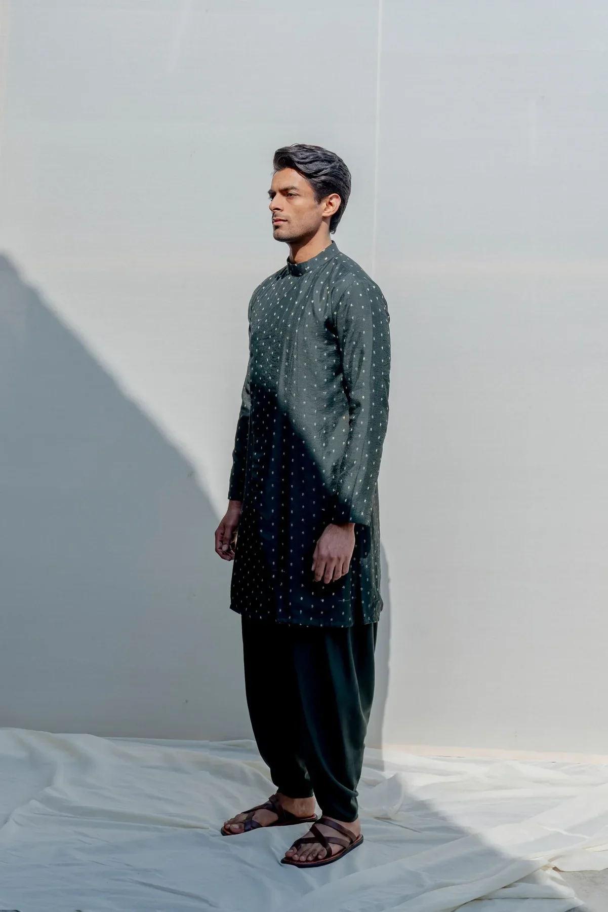VAGABONG - Green Asymmetrical kurta With Tulip pant Set - Image 3