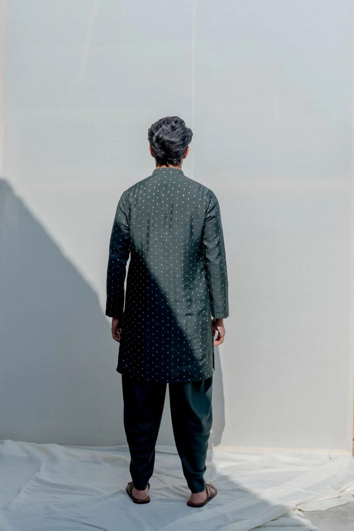 VAGABONG - Green Asymmetrical kurta With Tulip pant Set - Image 4