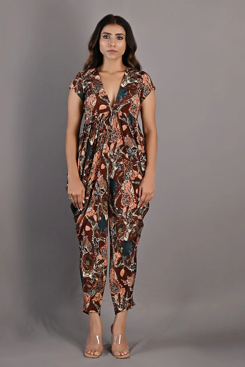 VARDA- MAROON & MULTI PRINTED DRAPED JUMPSUIT - Image 2