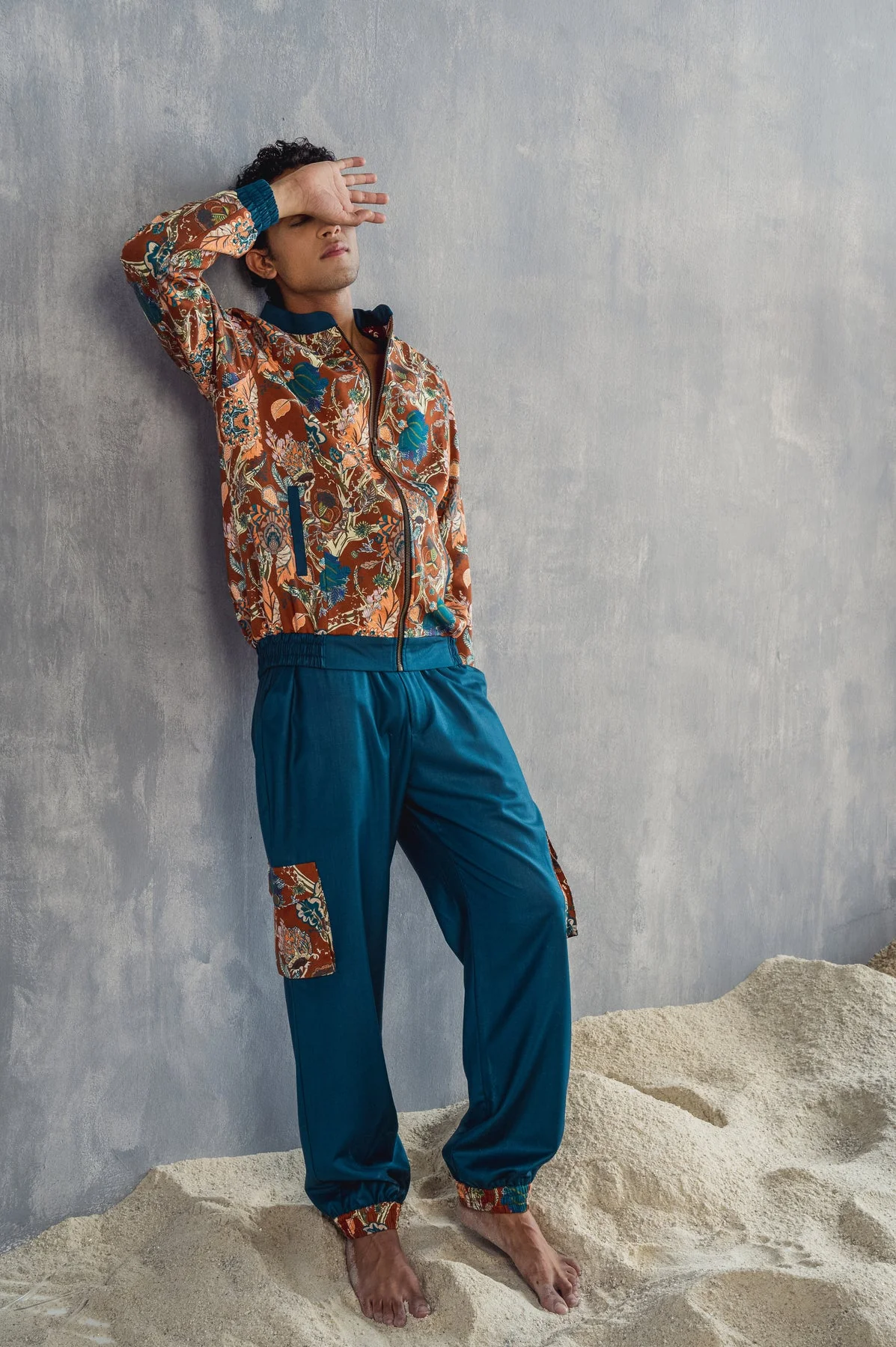 VIVENDEL - MAROON & MULTI PRINTED BOMBER JACKET WITH TEAL GREEN JOGGERS SET