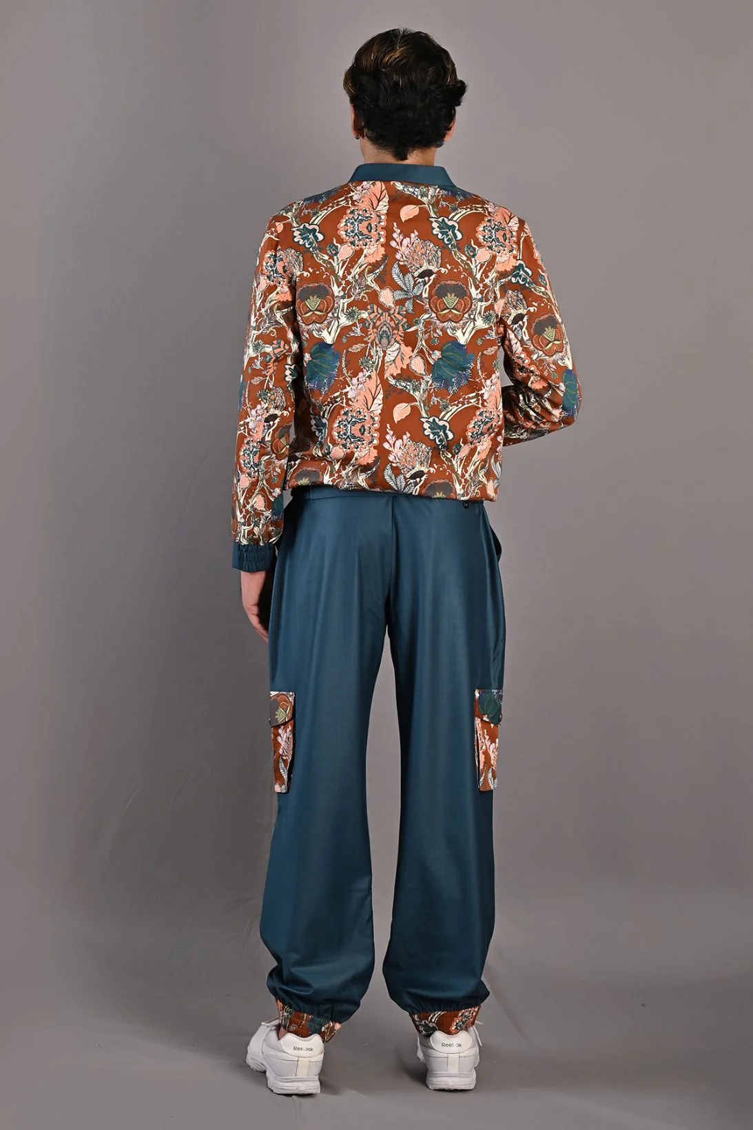 VIVENDEL - MAROON & MULTI PRINTED BOMBER JACKET WITH TEAL GREEN JOGGERS SET - Image 4