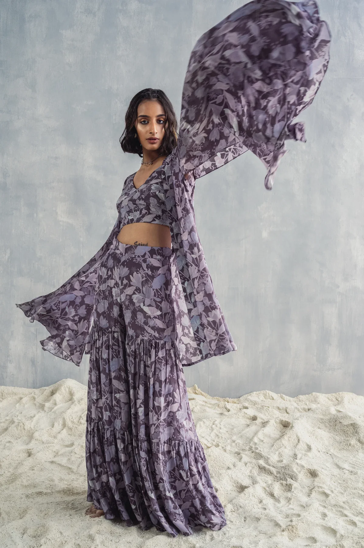 VOILA - Printed Embroidered Crop Top With Sharara Set