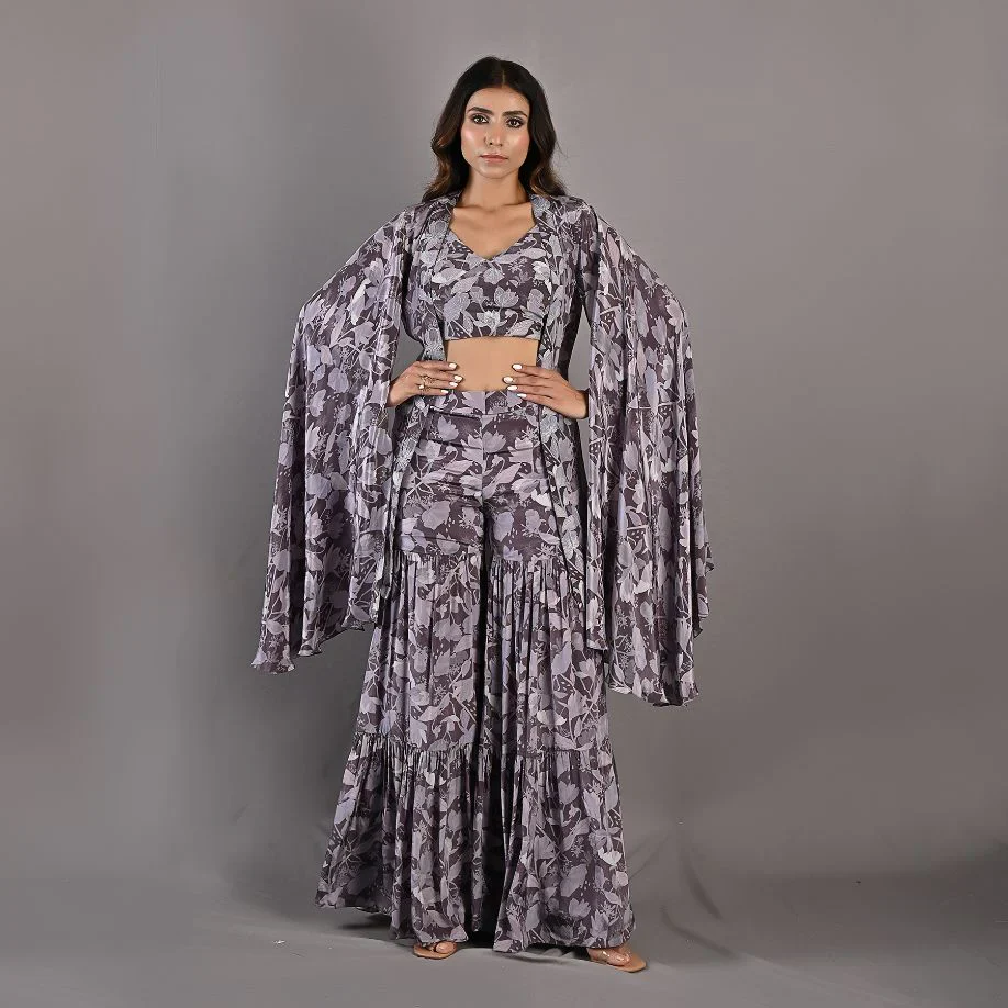 VOILA - Printed Embroidered Crop Top With Sharara Set - Image 2