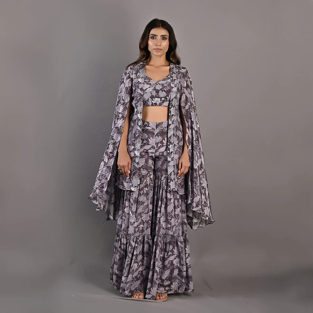 VOILA - Printed Embroidered Crop Top With Sharara Set - Image 3