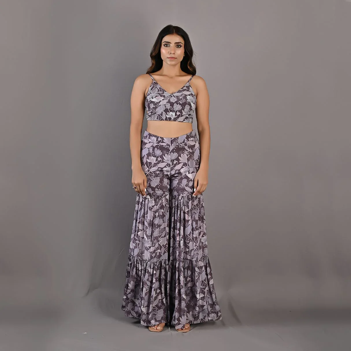 VOILA - Printed Embroidered Crop Top With Sharara Set - Image 4