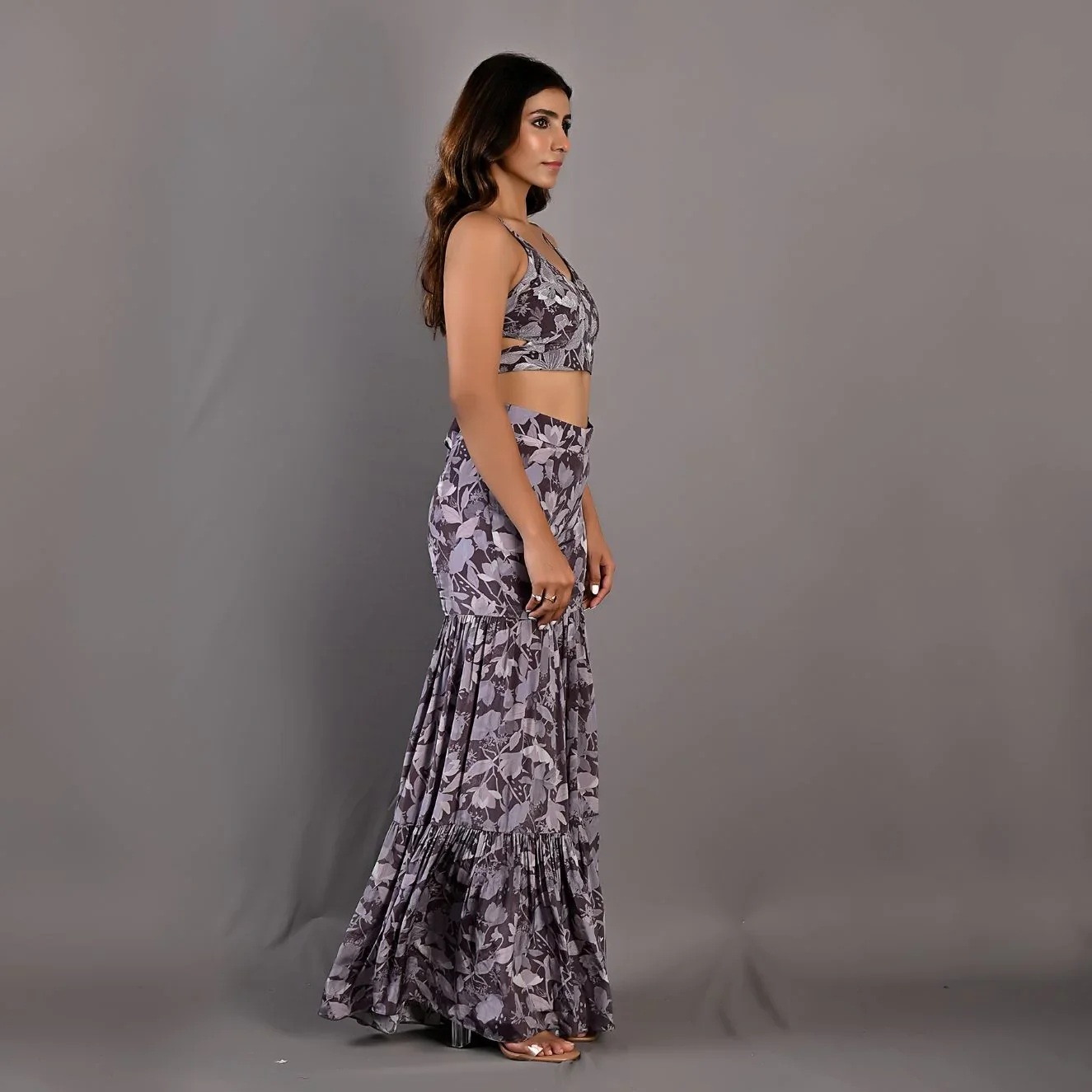 VOILA - Printed Embroidered Crop Top With Sharara Set - Image 5