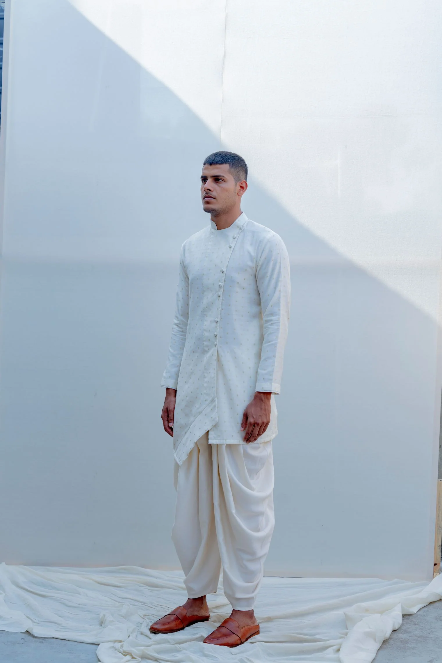 Wayfarer - Off-White Asymmetric Kurta & Dhoti Set - Image 2