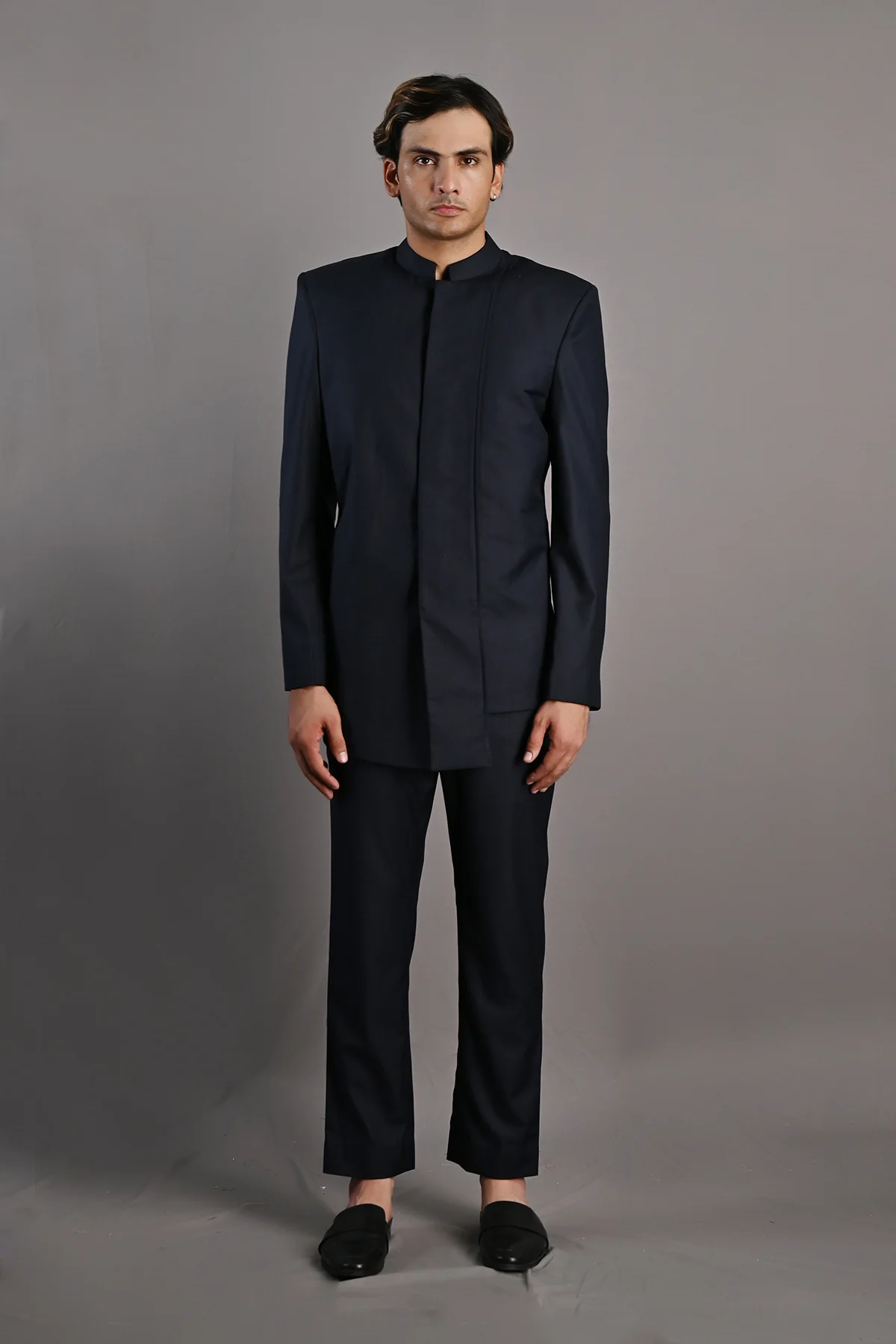 WAYLON - NAVY BLUE ASYMMETRIC BANDHGALA JACKET SET