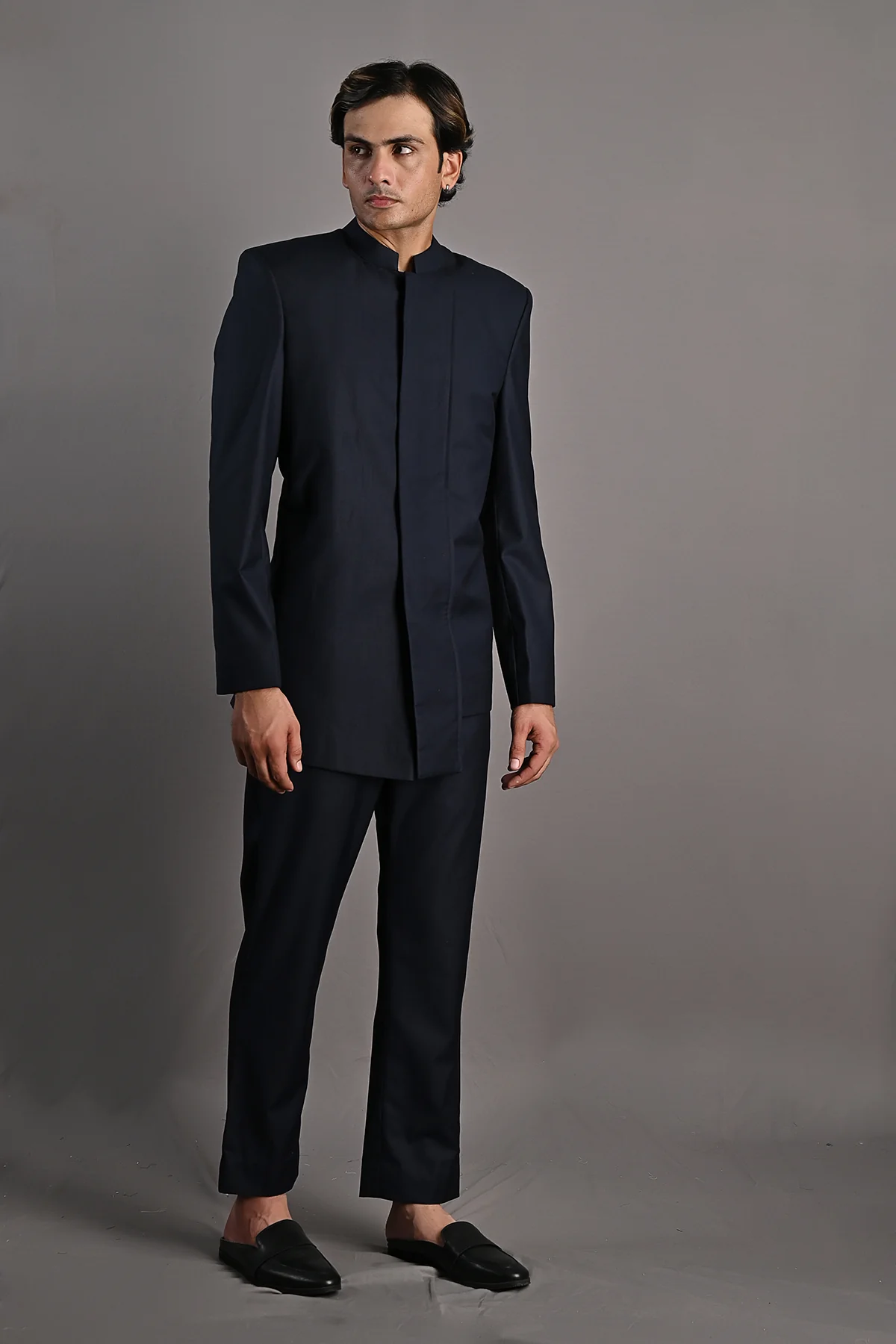 WAYLON - NAVY BLUE ASYMMETRIC BANDHGALA JACKET SET - Image 2