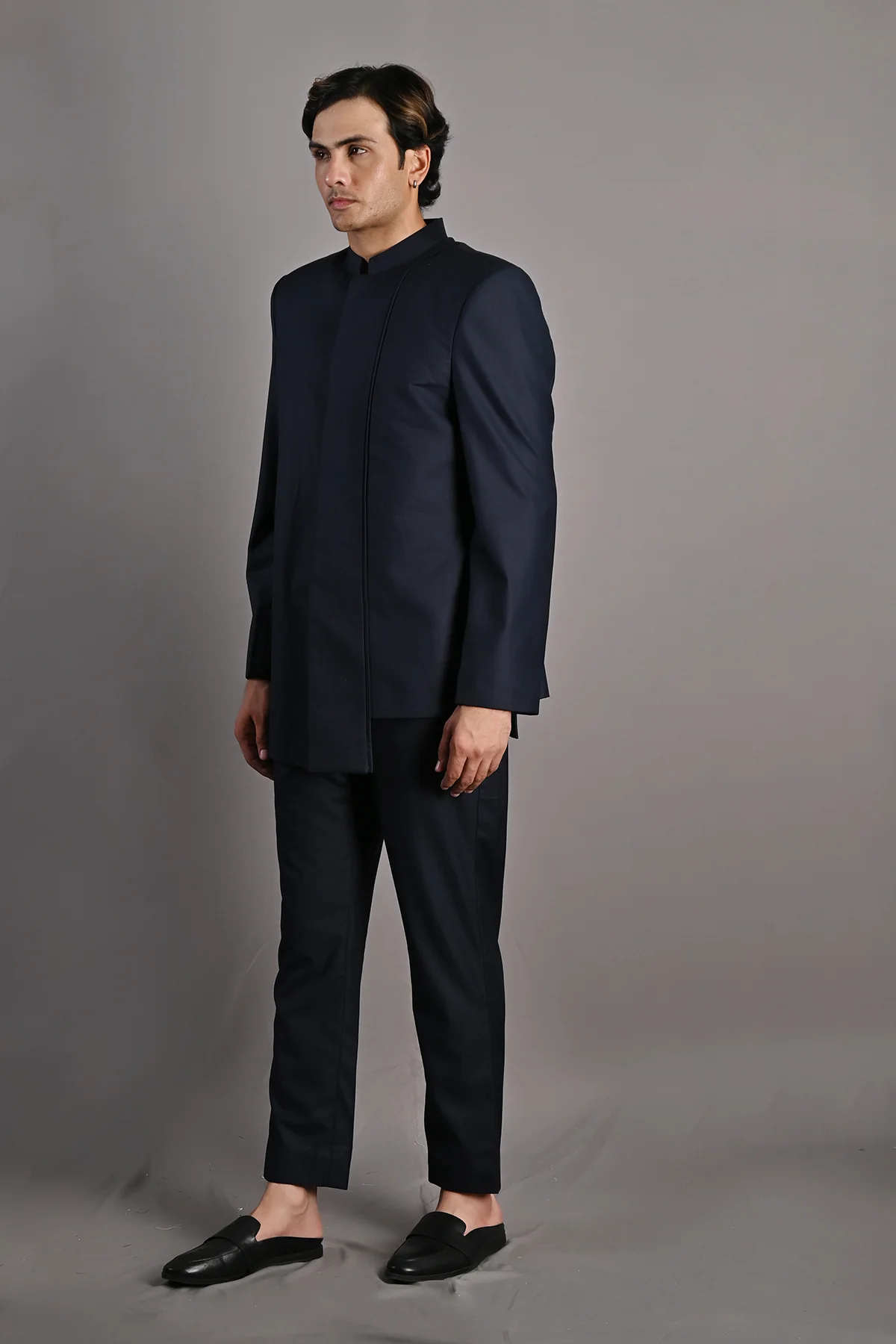 WAYLON - NAVY BLUE ASYMMETRIC BANDHGALA JACKET SET - Image 3