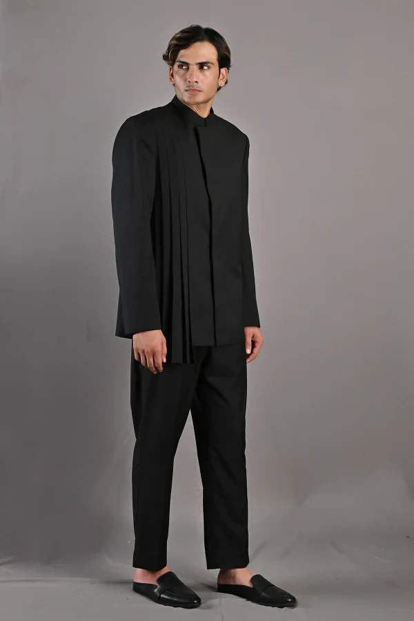 ZAHIR - BLACK PLEATED BANDHGALA SET - Image 3