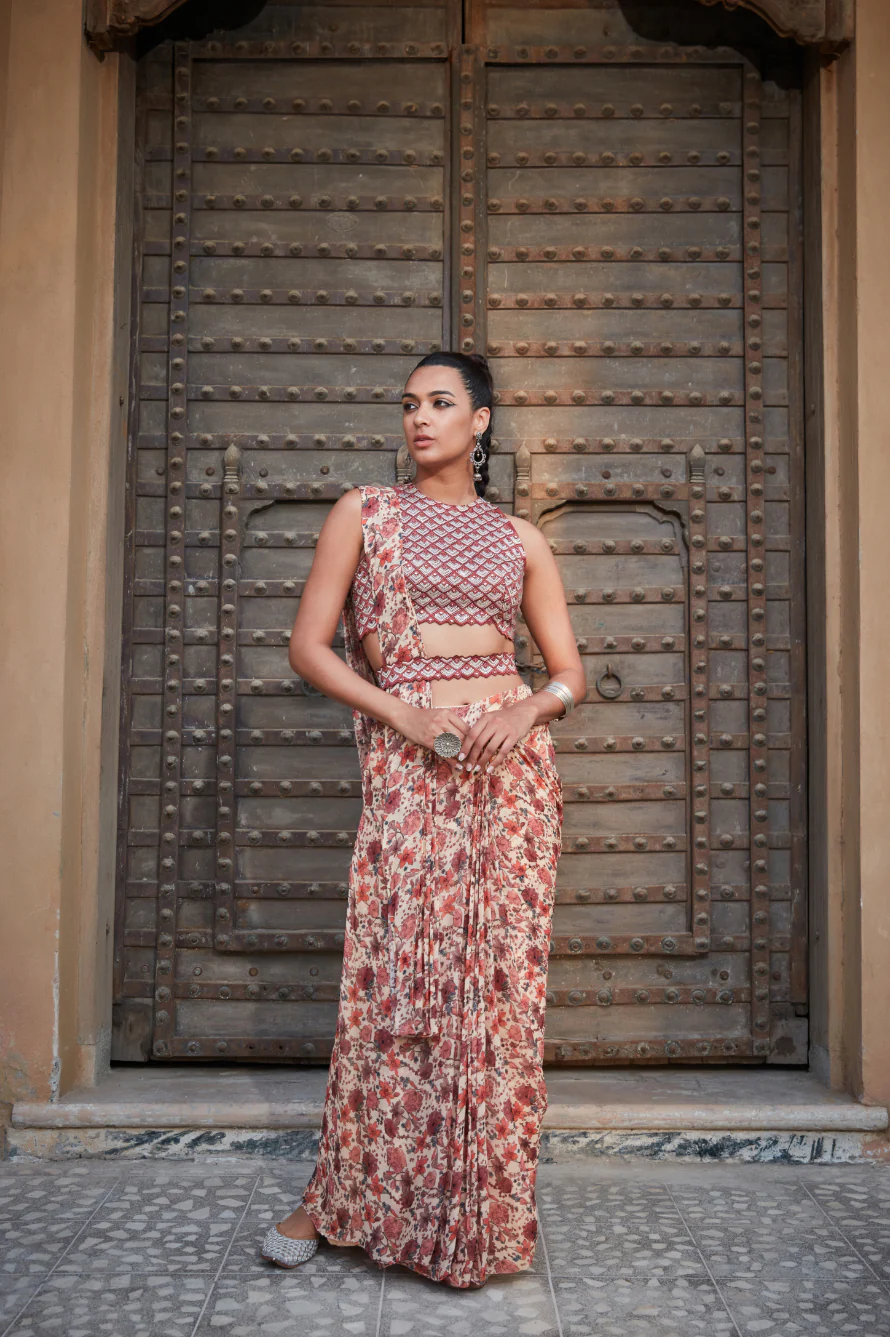 Zari- Printed Drape Saree Set - Image 2