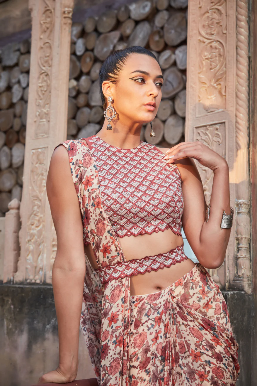 Zari- Printed Drape Saree Set - Image 3