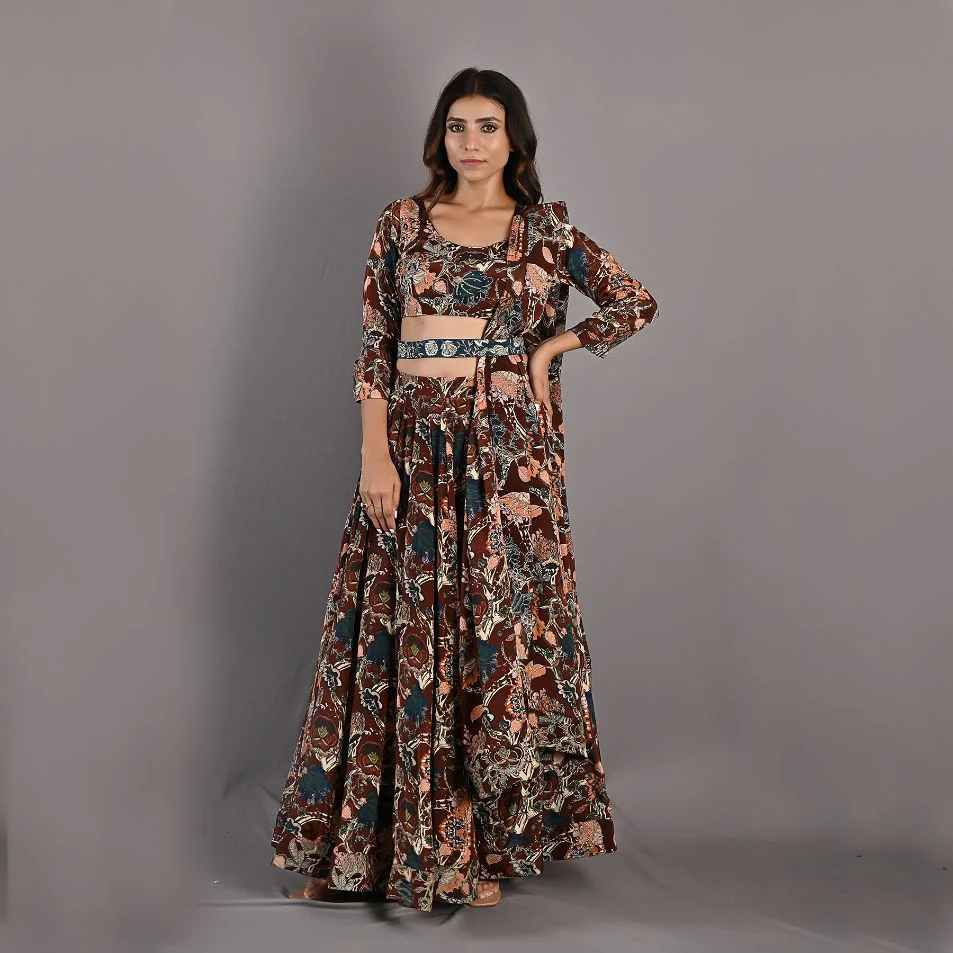 Zaria- Maroon & Multi Printed Lehenga with Embroidered Blouse & Belt Set